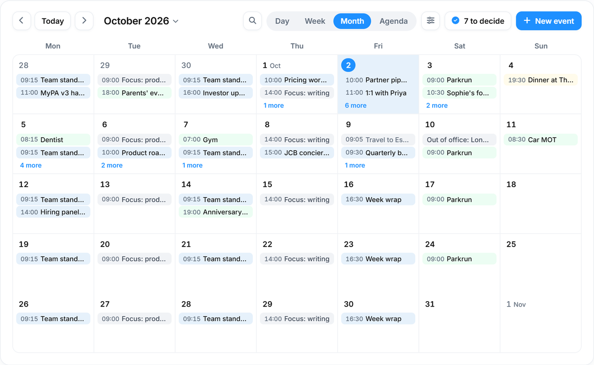 MyPA Calendar in the web app: a month view of events from the calendars you connect