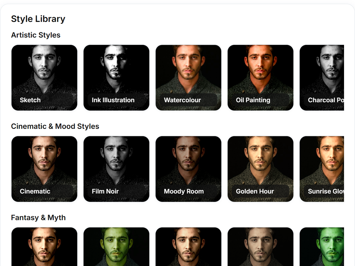 Image creator in the MyPA web app: a style library of artistic, cinematic and fantasy looks