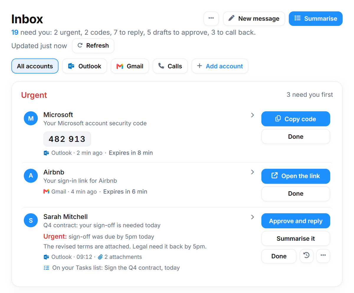 MyPA Inbox in the web app: urgent messages first, with a security code, a sign-in link and a contract reply to approve