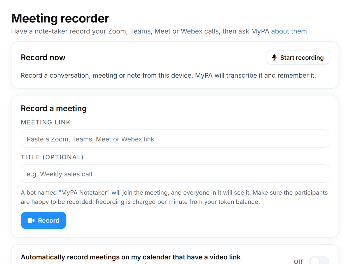 Meeting recorder in the MyPA web app: record now, or paste a Zoom, Teams, Meet or Webex link