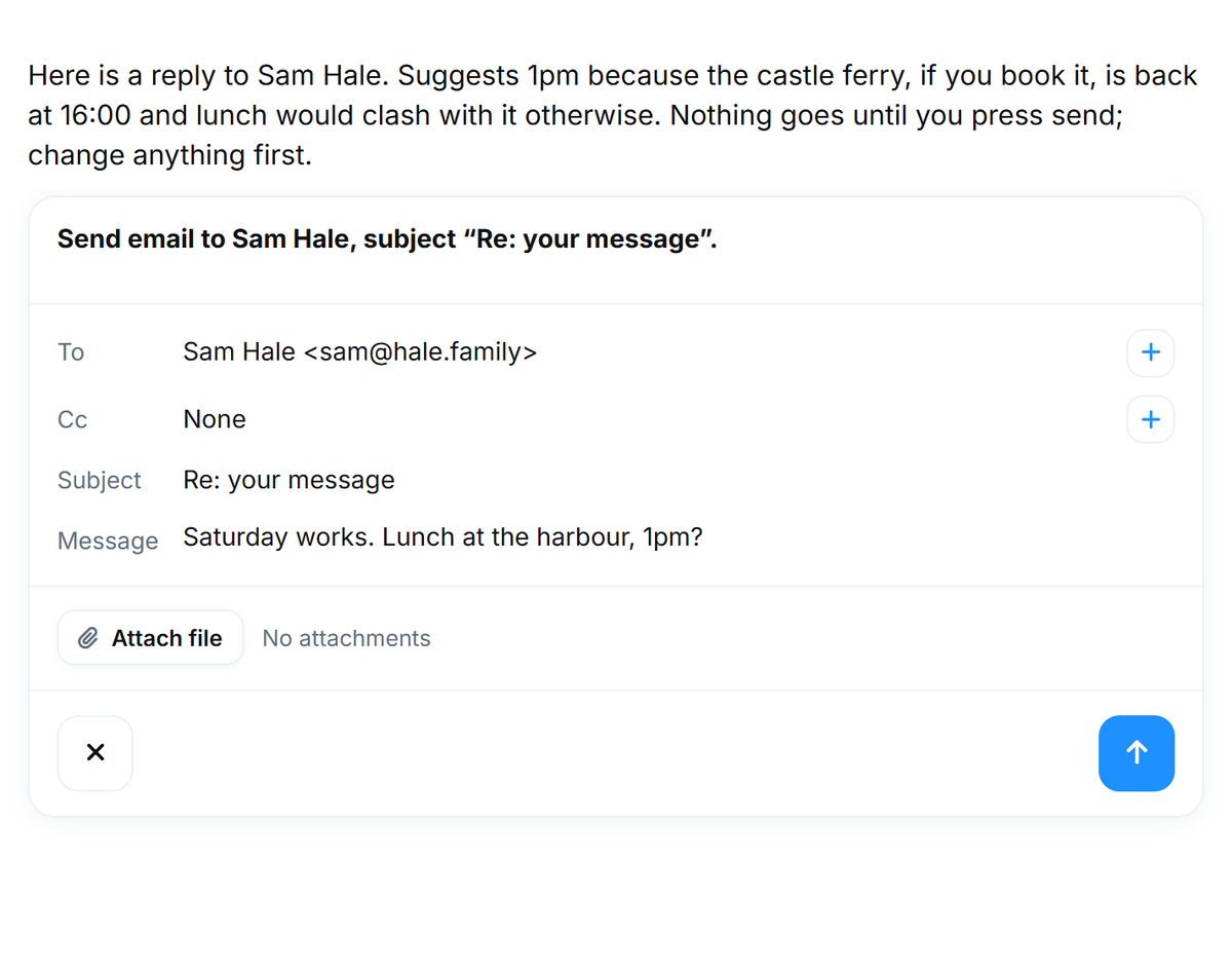 MyPA chat in the web app: a reply to Sam drafted and waiting for you to press send